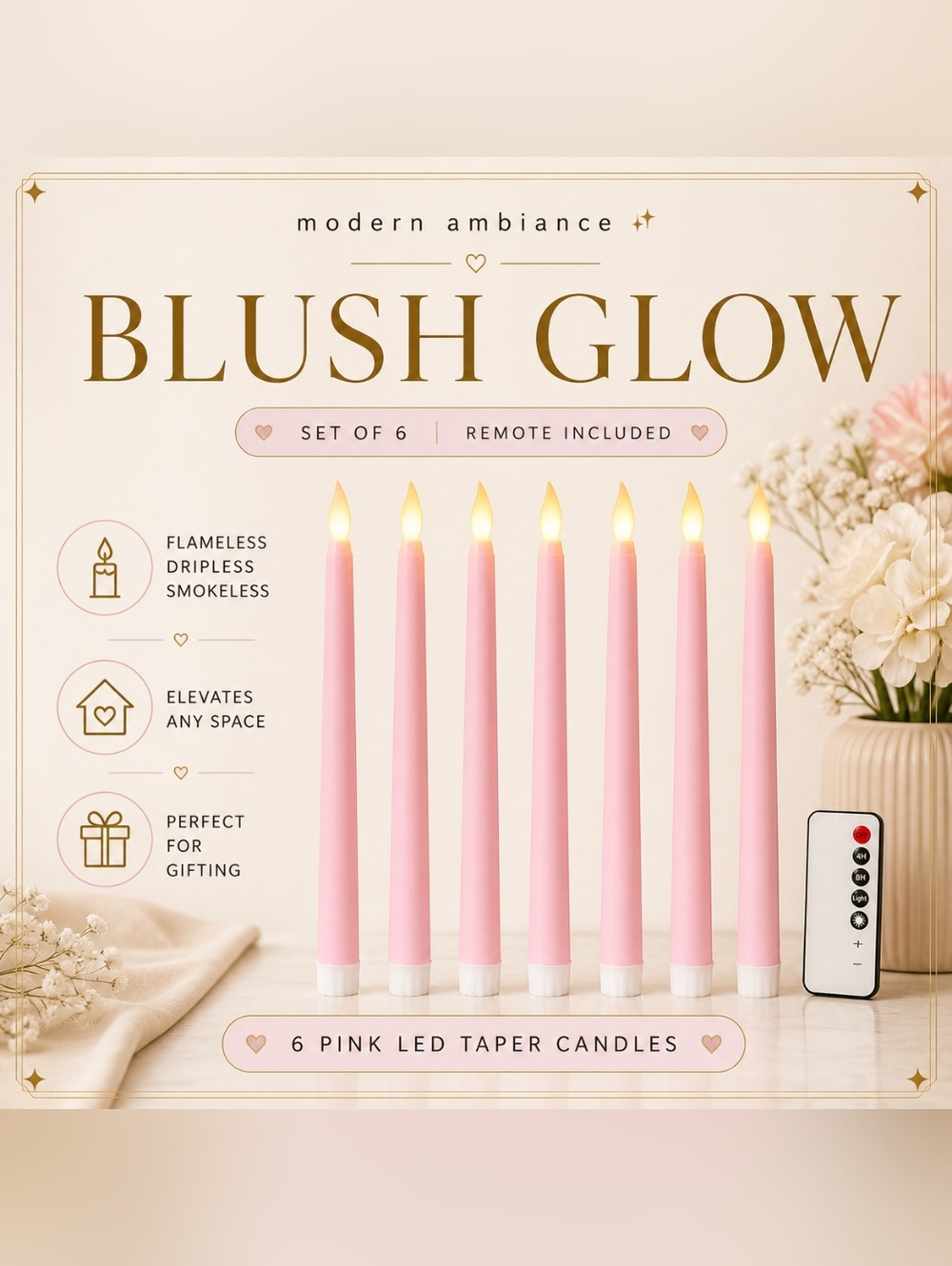 Set of 6 Pink LED Taper Candles w/ Remote | Flameless Dripless Decor